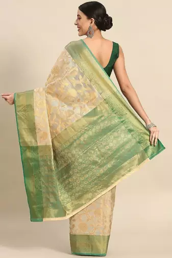 Green beige tissue woven zari work saree with blouse