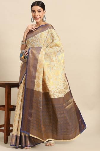 Beige blue tissue woven zari work saree with blouse