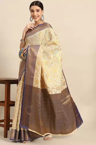 Beige blue tissue woven zari work saree with blouse