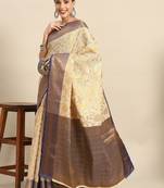 Beige blue tissue woven zari work saree with blouse