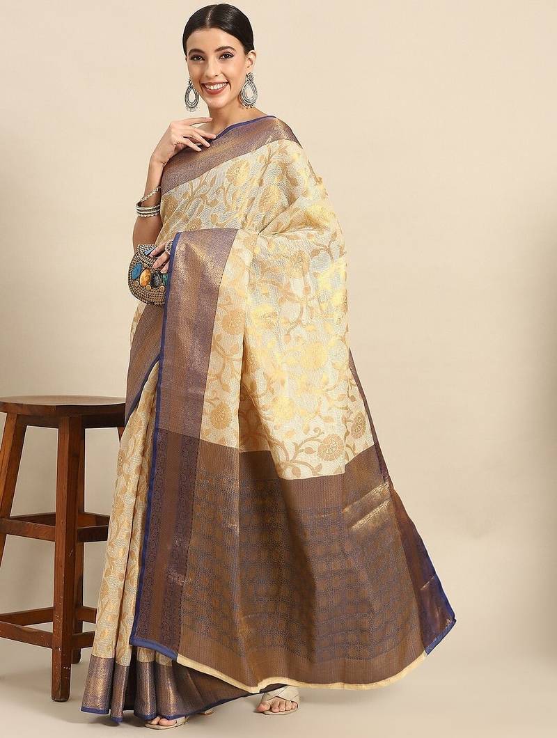 Beige blue tissue woven zari work saree with blouse