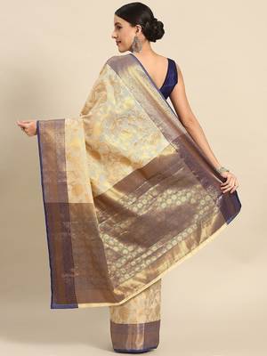 Beige blue tissue woven zari work saree with blouse 2