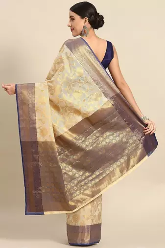 Beige blue tissue woven zari work saree with blouse