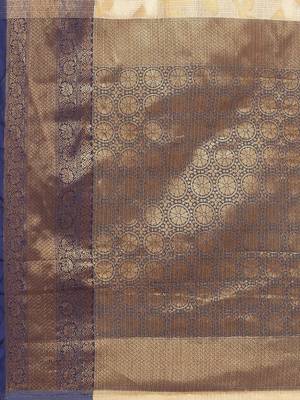 Beige blue tissue woven zari work saree with blouse 4