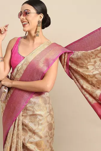 Pink beige tissue woven zari work saree with blouse