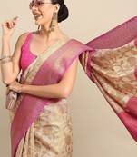 Pink beige tissue woven zari work saree with blouse