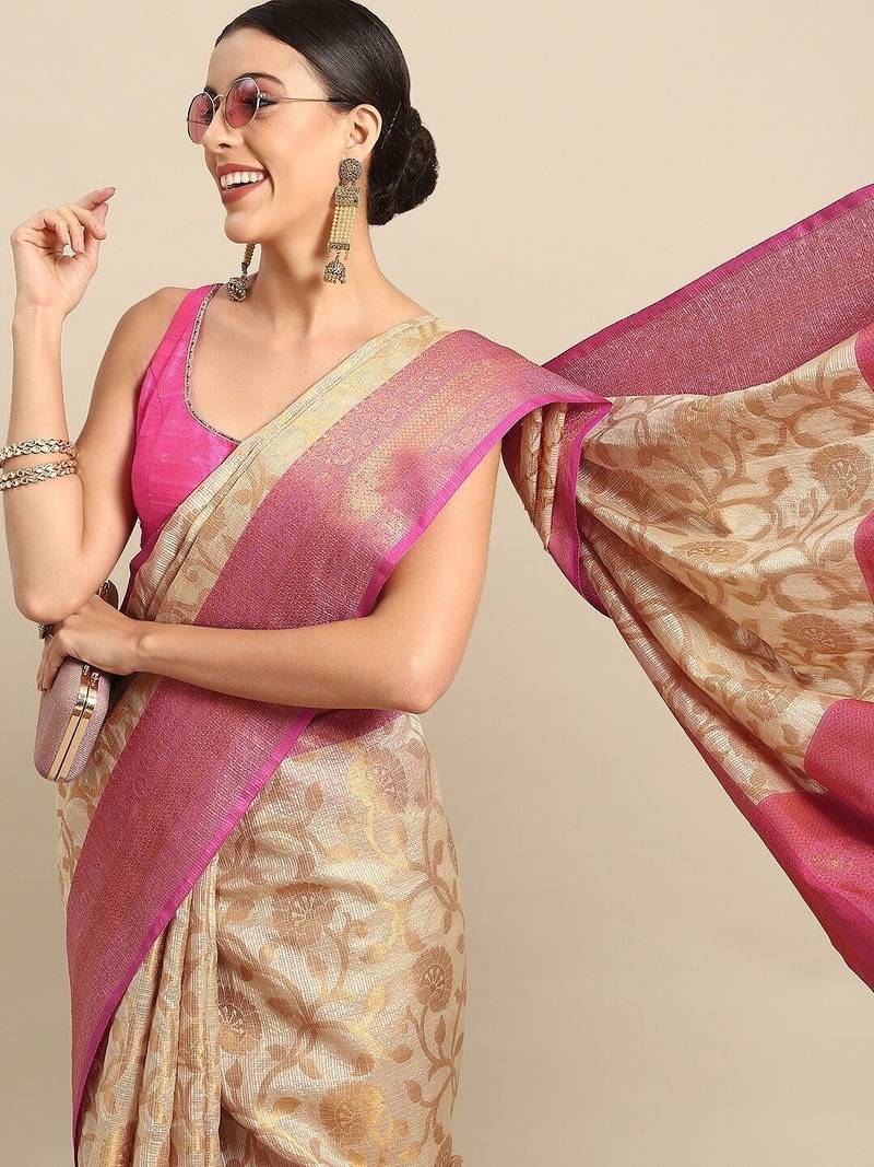 Pink beige tissue woven zari work saree with blouse