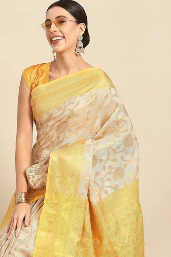 Yellow beige tissue woven zari work saree with blouse
