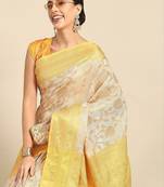 Yellow beige tissue woven zari work saree with blouse