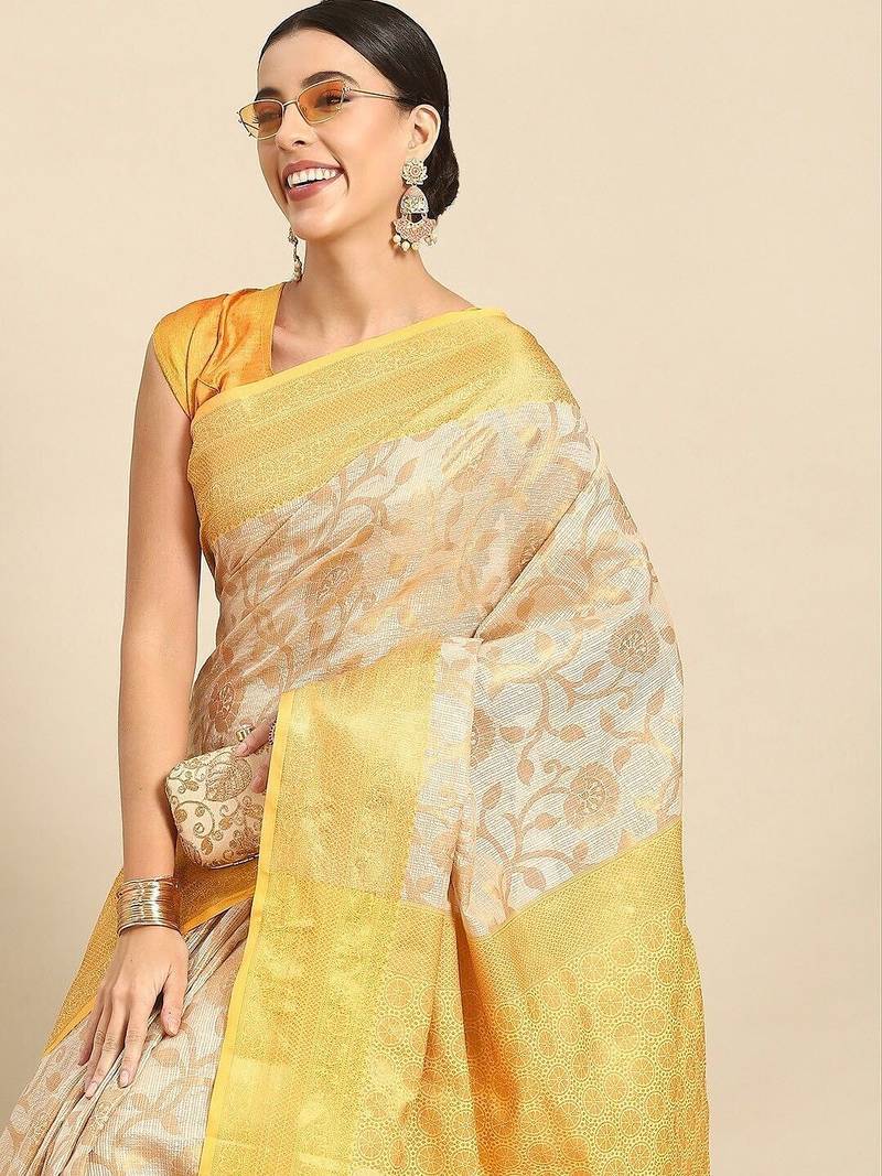 Yellow beige tissue woven zari work saree with blouse