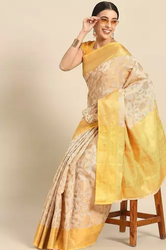 Yellow beige tissue woven zari work saree with blouse