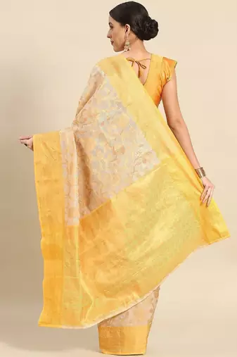 Yellow beige tissue woven zari work saree with blouse