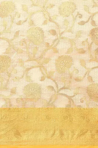 Yellow beige tissue woven zari work saree with blouse