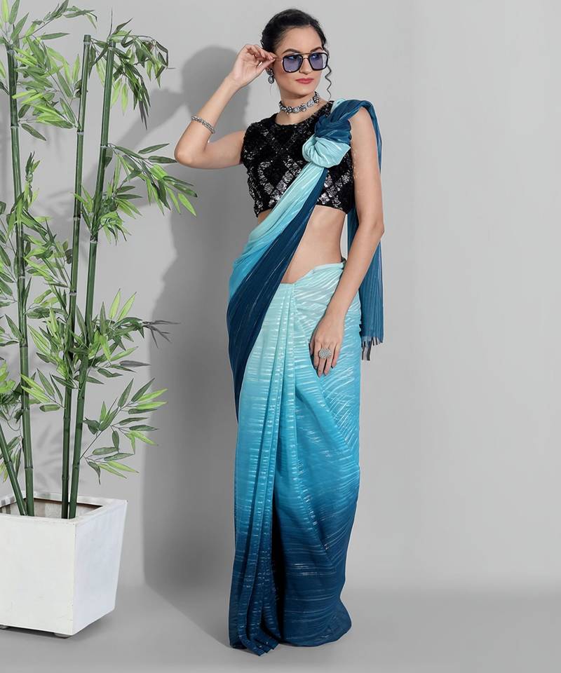 Light blue georgette woven zari work saree with blouse