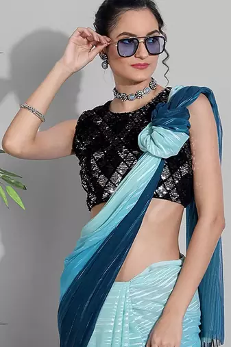 Light blue georgette woven zari work saree with blouse