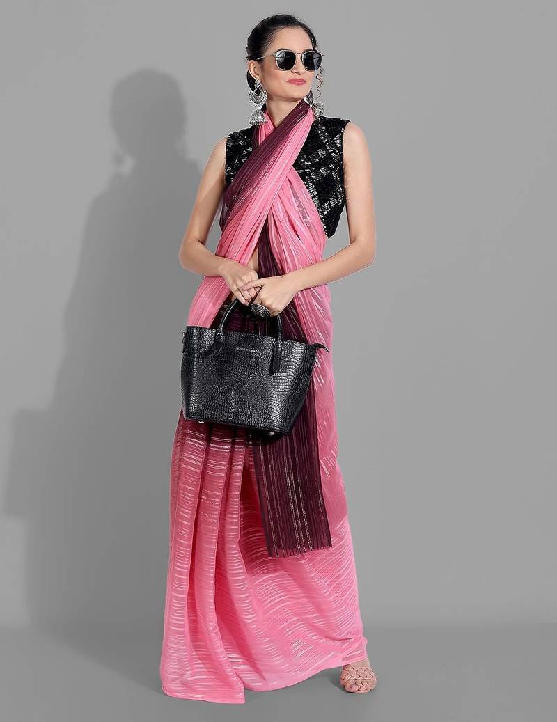 Pink georgette woven zari work saree with blouse