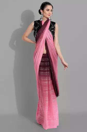Pink georgette woven zari work saree with blouse