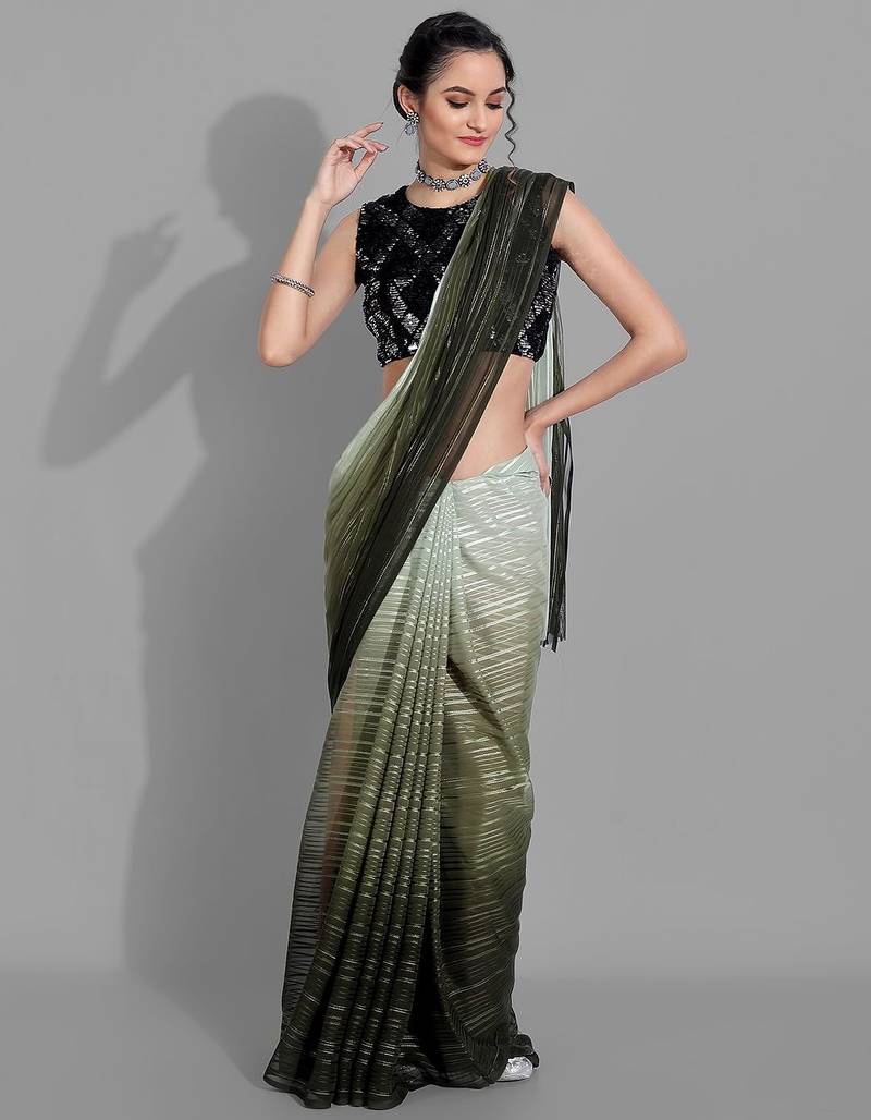 Dark green georgette woven zari work saree with blouse