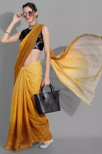 Mustard georgette woven zari work saree with blouse