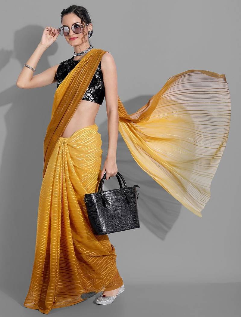 Mustard georgette woven zari work saree with blouse