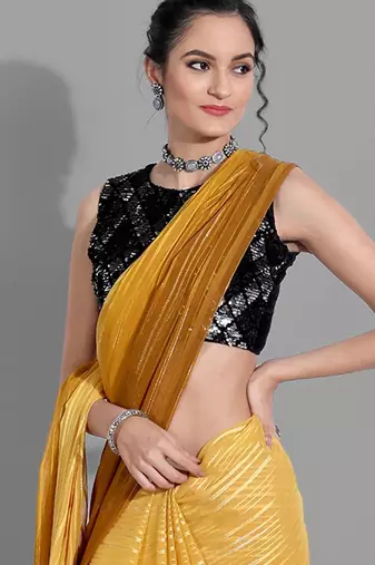 Mustard georgette woven zari work saree with blouse
