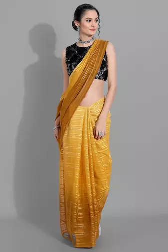 Mustard georgette woven zari work saree with blouse
