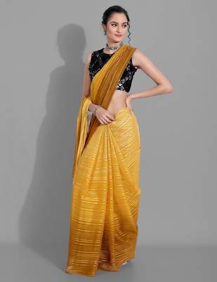 Mustard georgette woven zari work saree with blouse 5