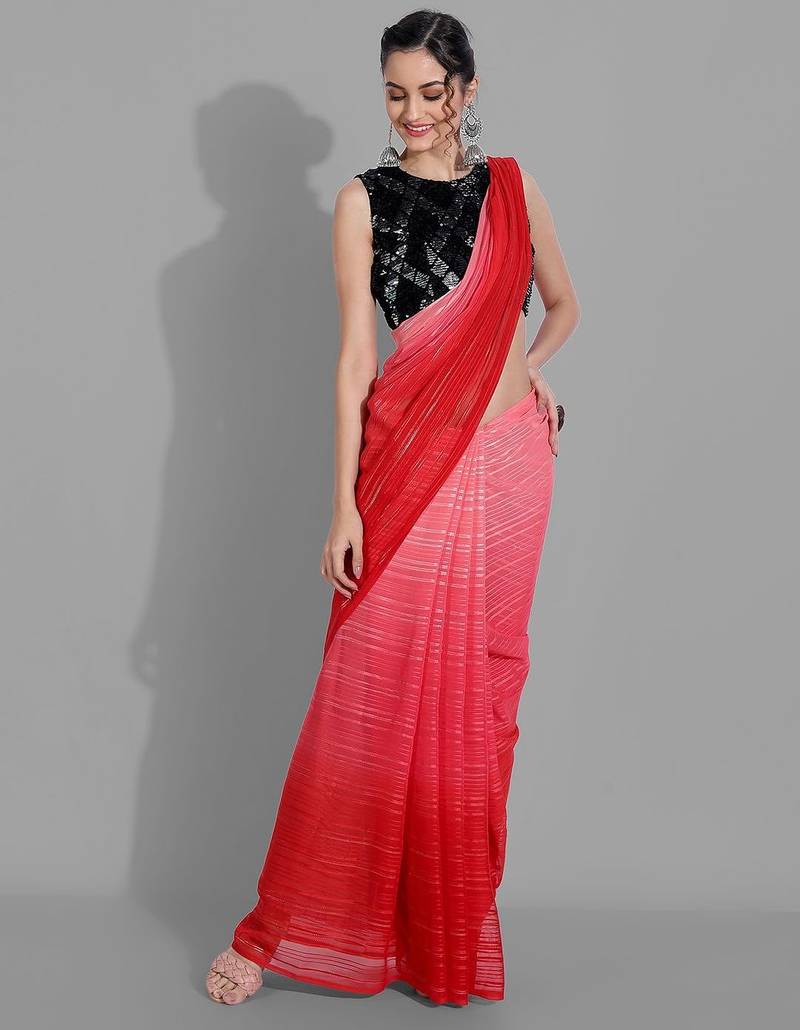 Pink georgette woven zari work saree with blouse