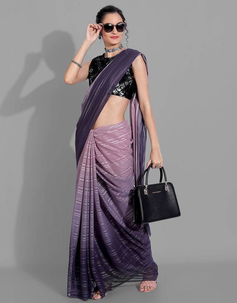 Purple georgette woven zari work saree with blouse