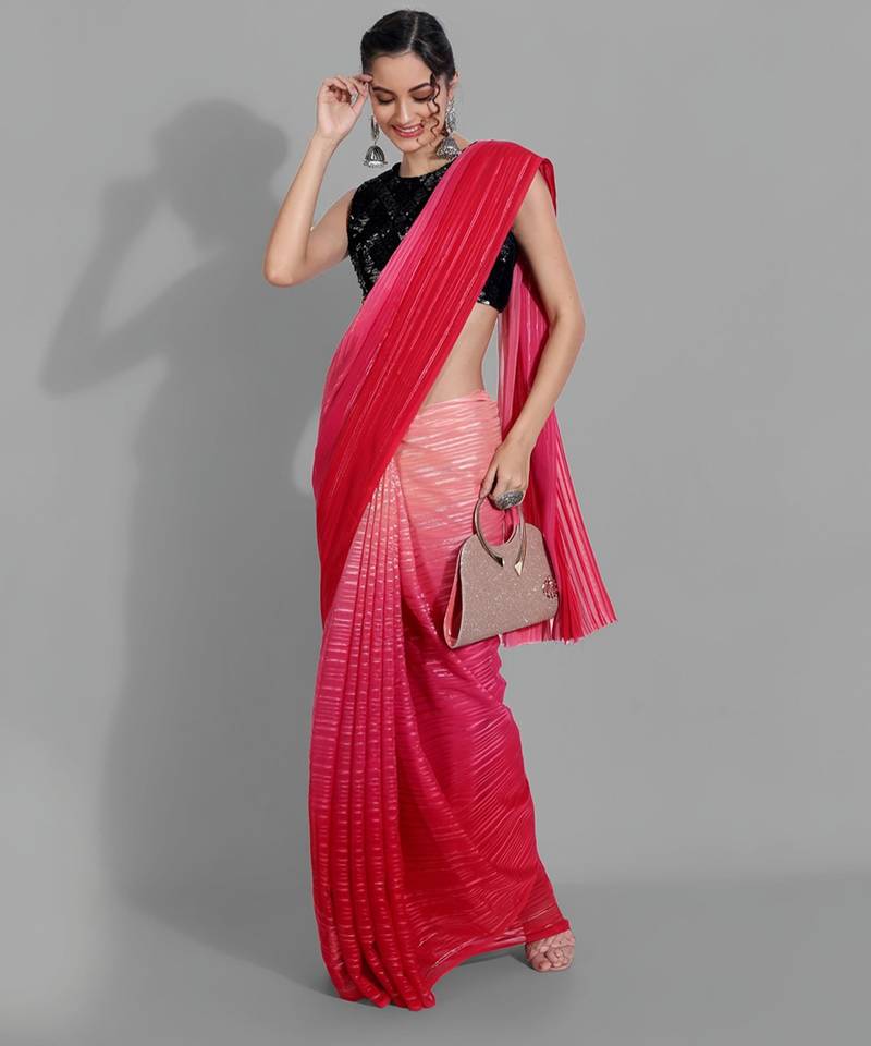 Red georgette woven zari work saree with blouse