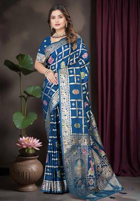 Royal Blue Satin silk blend Saree with Heavy Zari Weaving, Rich Pallu & Running Blouse Piece 1