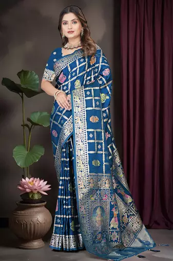 Royal Blue Satin Silk Saree with Heavy Zari Weaving, Rich Pallu & Running Blouse Piece