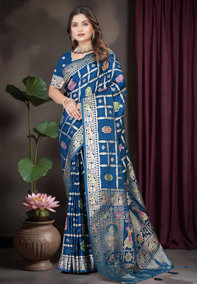 Royal Blue Satin Silk Saree with Heavy Zari Weaving, Rich Pallu & Running Blouse Piece