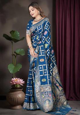 Royal Blue Satin silk blend Saree with Heavy Zari Weaving, Rich Pallu & Running Blouse Piece 2