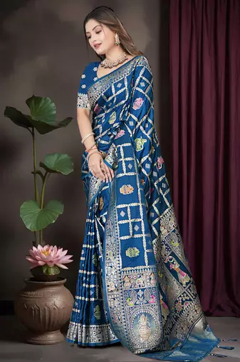 Royal Blue Satin silk blend Saree with Heavy Zari Weaving, Rich Pallu & Running Blouse Piece