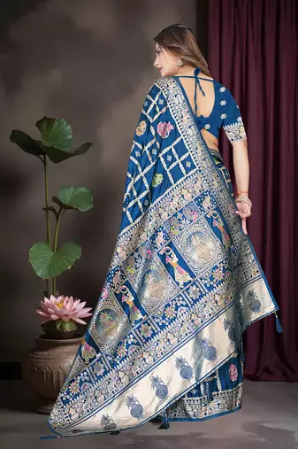 Royal Blue Satin silk blend Saree with Heavy Zari Weaving, Rich Pallu & Running Blouse Piece