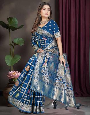 Royal Blue Satin silk blend Saree with Heavy Zari Weaving, Rich Pallu & Running Blouse Piece 4