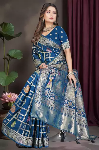 Royal Blue Satin silk blend Saree with Heavy Zari Weaving, Rich Pallu & Running Blouse Piece