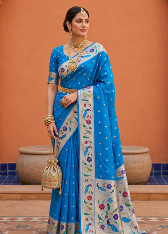 Blue Color zari weawing Work Silk Saree