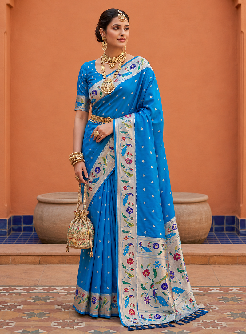 Blue Color zari weawing Work Silk Saree