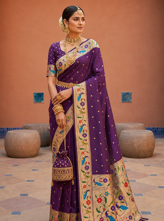 Dark Plum Color zari weawing Work Silk Saree