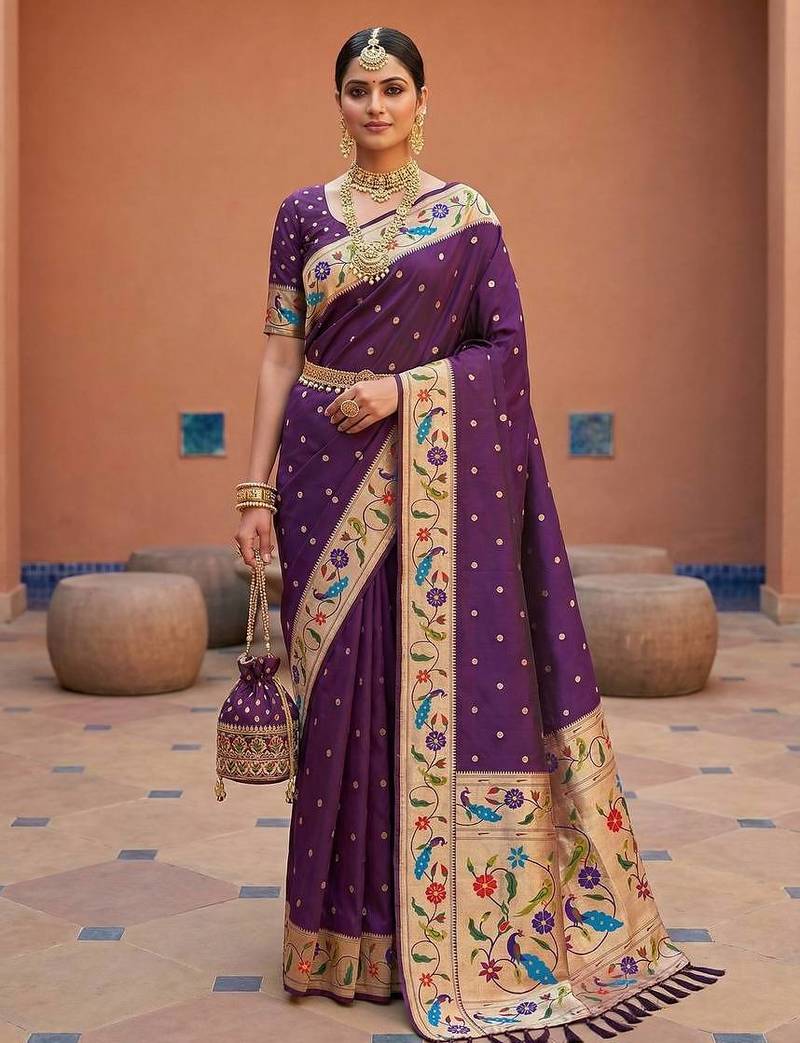 Dark Plum Color zari weawing Work Silk Saree