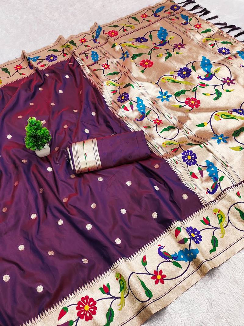 Dark Plum Color zari weawing Work Silk Saree