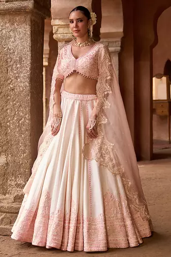 Daisy Ivory Pink Embroidered Raw Silk Lehenga Set
