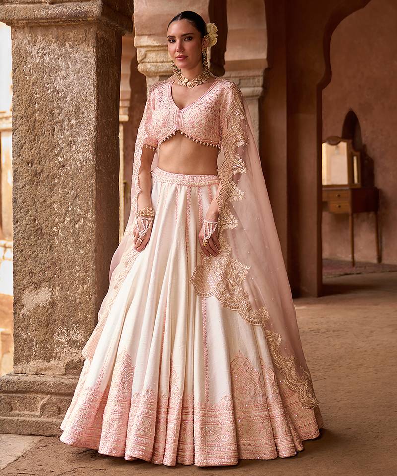 Daisy Ivory Pink Embroidered Raw Silk Lehenga Set