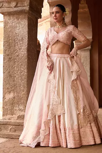 Daisy Ivory Pink Embroidered Raw Silk Lehenga Set