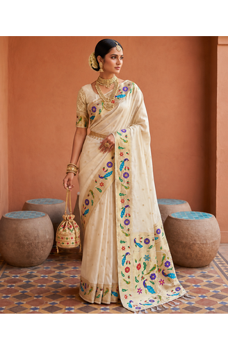 Off White Color zari weawing Work Silk Saree 1
