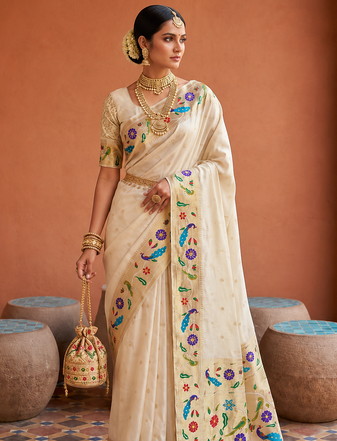Off White Color zari weawing Work Silk Saree