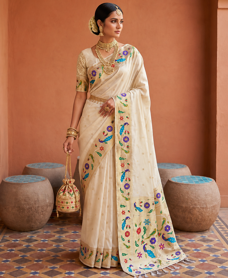 Off White Color zari weawing Work Silk Saree