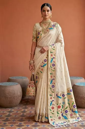 Off White Color zari weawing Work Silk Saree